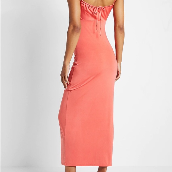 Express Body Contour Ruched Midi Dress With Built-In Shapewear. Coral Orange SM - Picture 7 of 8